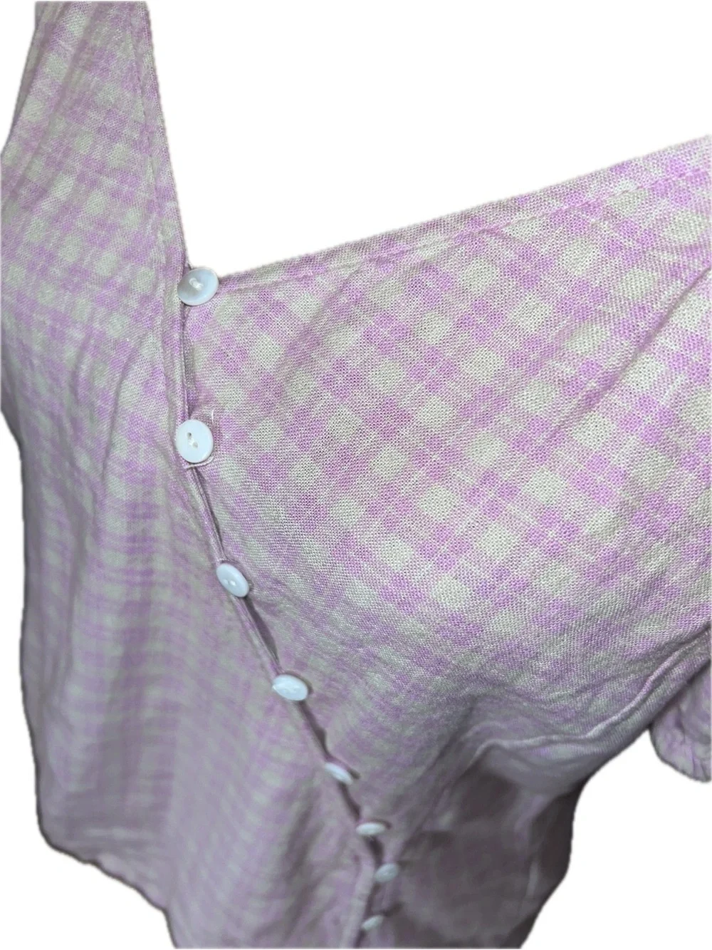 Madewell Tan Pink Gingham Puff-Sleeve Linen Blend Button Wrap Cottagecore Top S